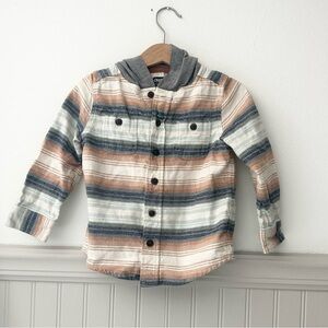 OshKosh B'gosh Boys 3T Flannel Gray and Blue Striped Button Down Hooded Shirt